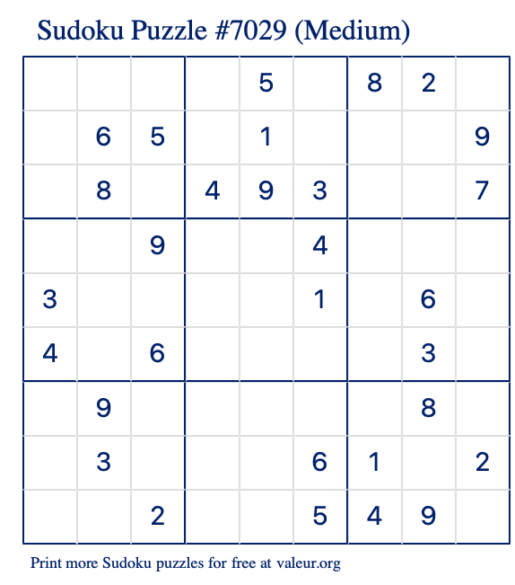 Free Printable Medium Sudoku Puzzle number 7029