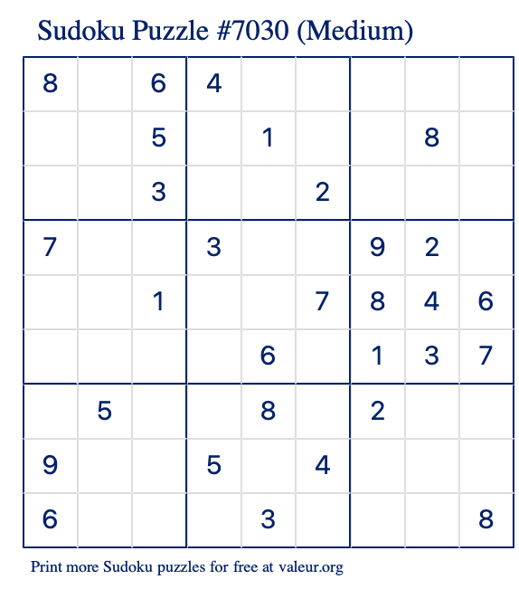 Free Printable Medium Sudoku Puzzle number 7030