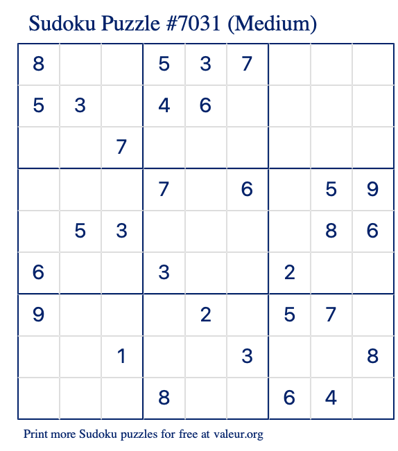 Free Printable Medium Sudoku Puzzle number 7031