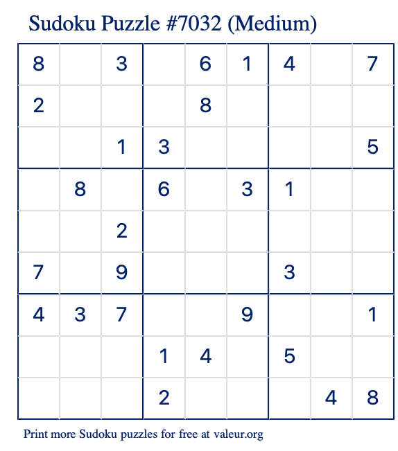 Free Printable Medium Sudoku Puzzle number 7032
