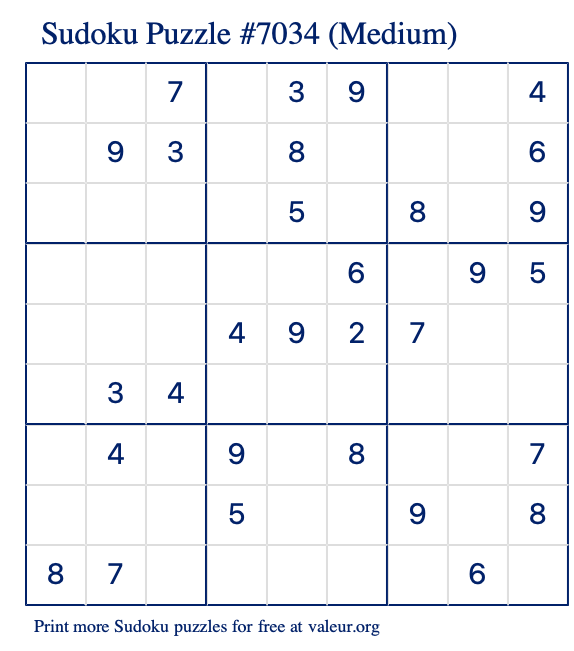 Free Printable Medium Sudoku Puzzle number 7034