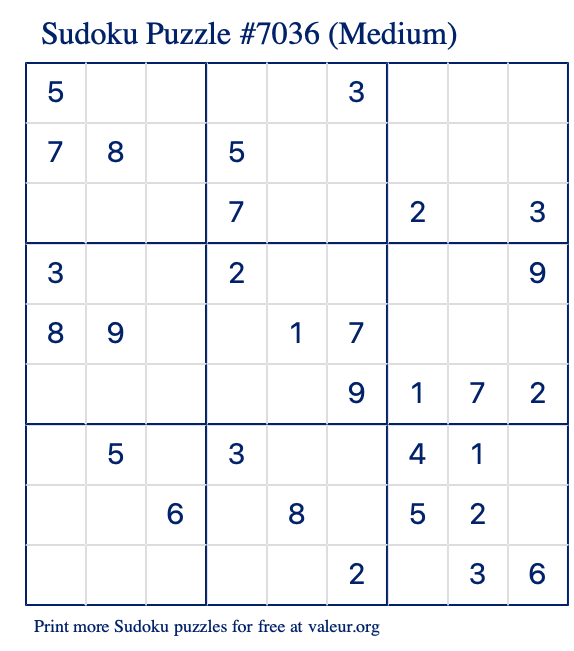 Free Printable Medium Sudoku Puzzle number 7036