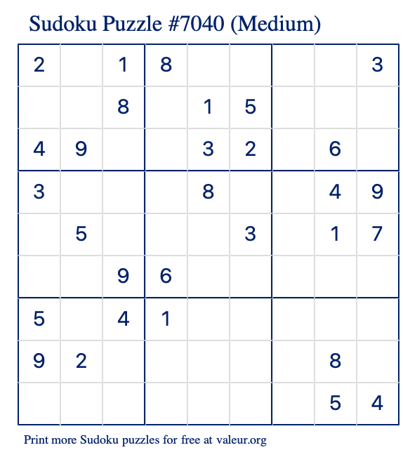 Free Printable Medium Sudoku Puzzle number 7040