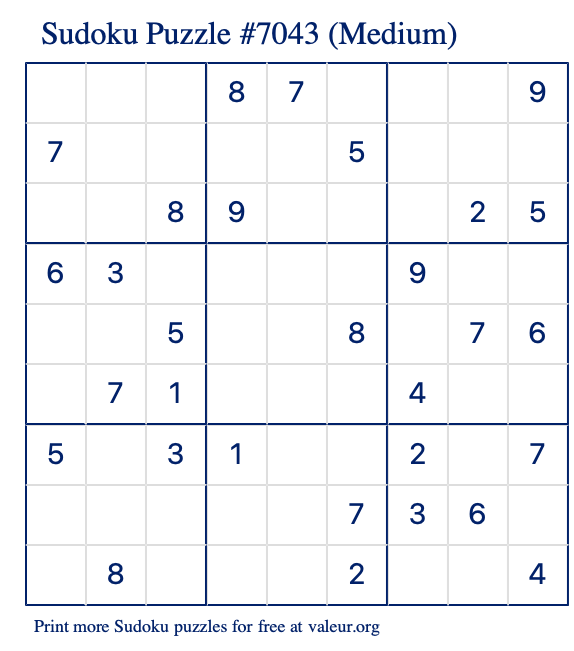Free Printable Medium Sudoku Puzzle number 7043