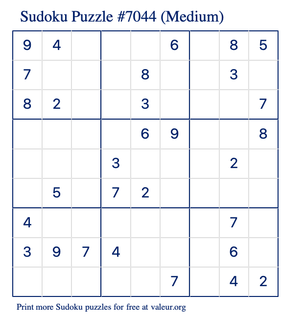 Free Printable Medium Sudoku Puzzle number 7044