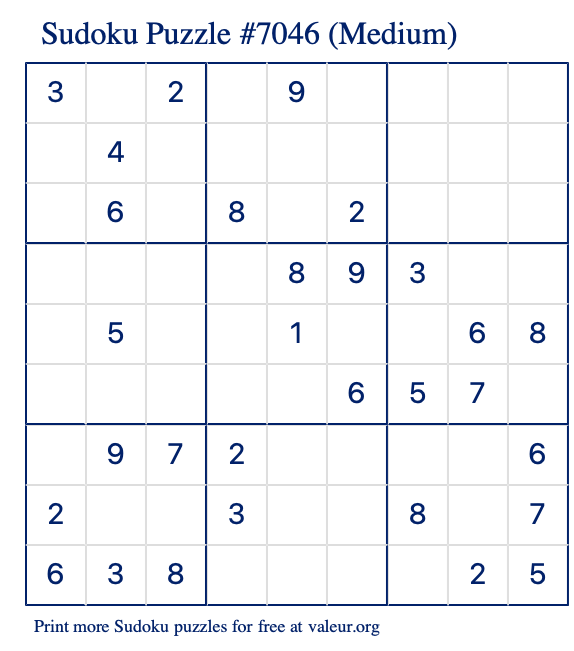 Free Printable Medium Sudoku Puzzle number 7046