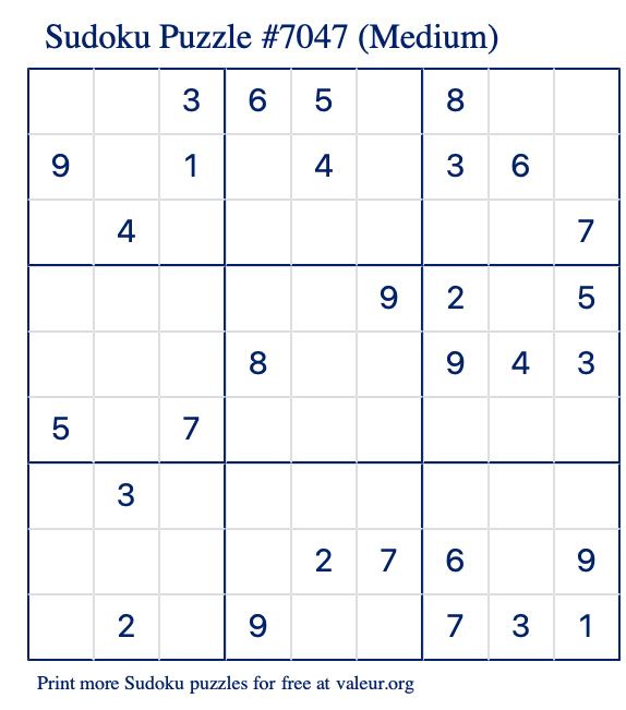 Free Printable Medium Sudoku Puzzle number 7047