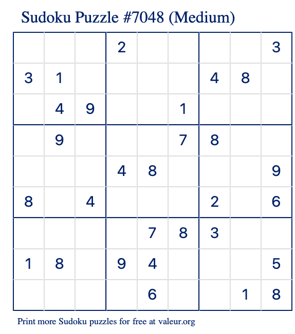 Free Printable Medium Sudoku Puzzle number 7048