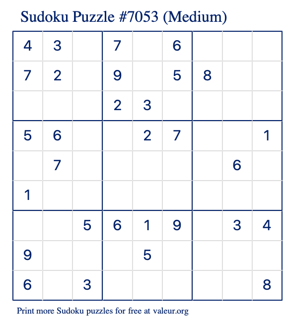 Free Printable Medium Sudoku Puzzle number 7053