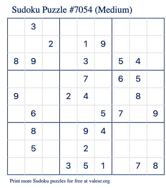 Free Printable Medium Sudoku Puzzle number 7054