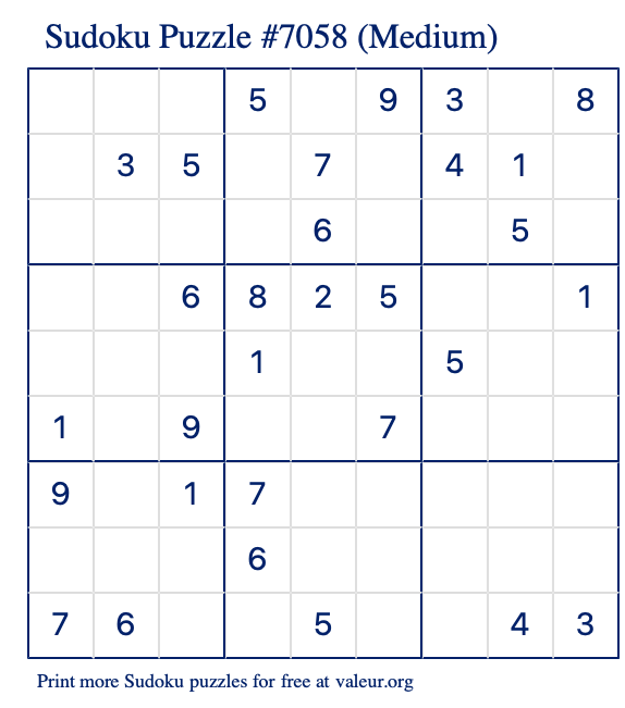 Free Printable Medium Sudoku Puzzle number 7058