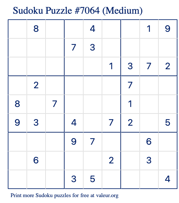 Free Printable Medium Sudoku Puzzle number 7064