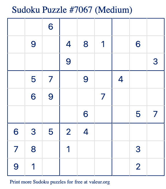 Free Printable Medium Sudoku Puzzle number 7067