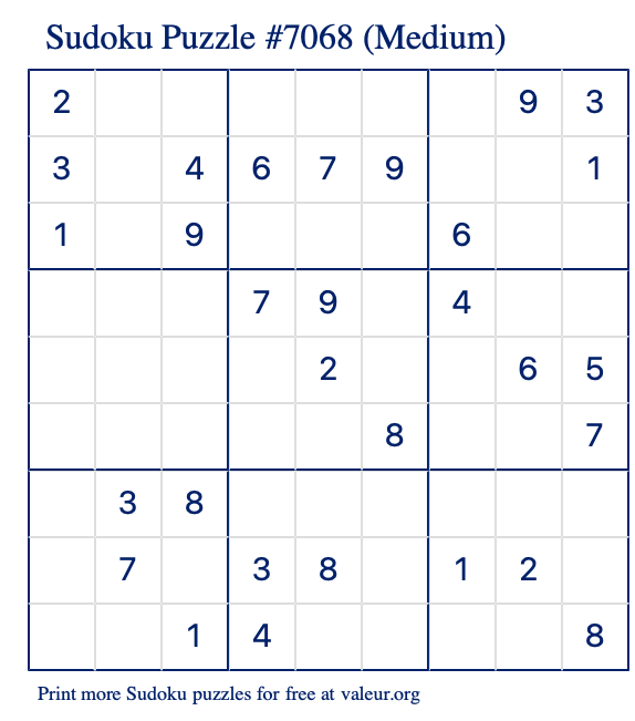 Free Printable Medium Sudoku Puzzle number 7068