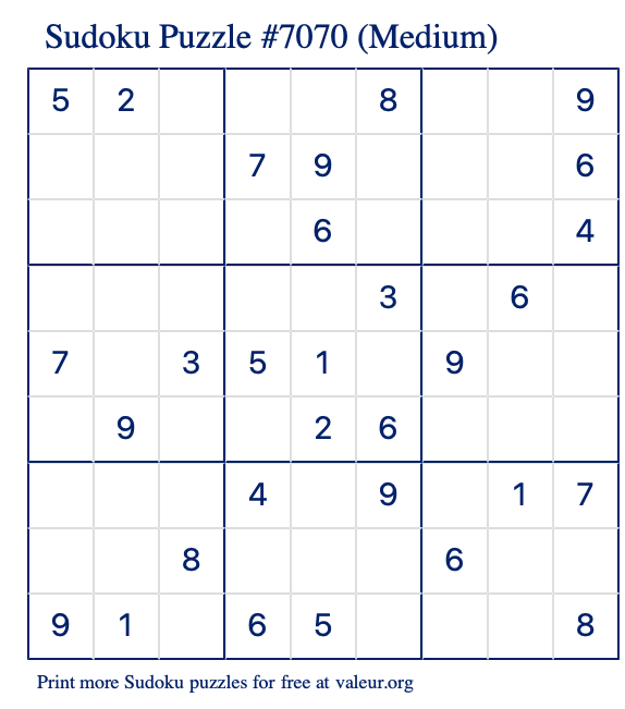 Free Printable Medium Sudoku Puzzle number 7070