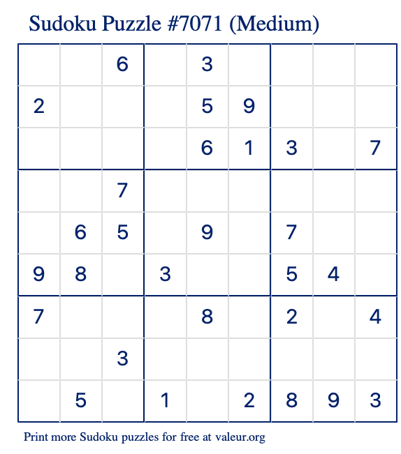 Free Printable Medium Sudoku Puzzle number 7071