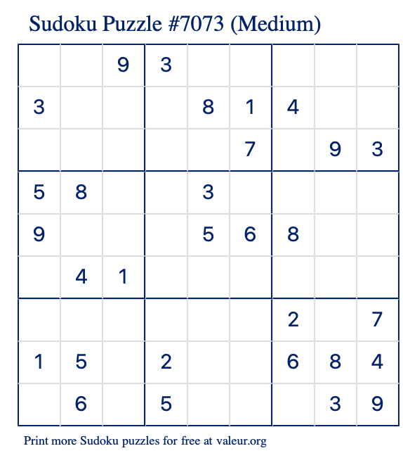Free Printable Medium Sudoku Puzzle number 7073