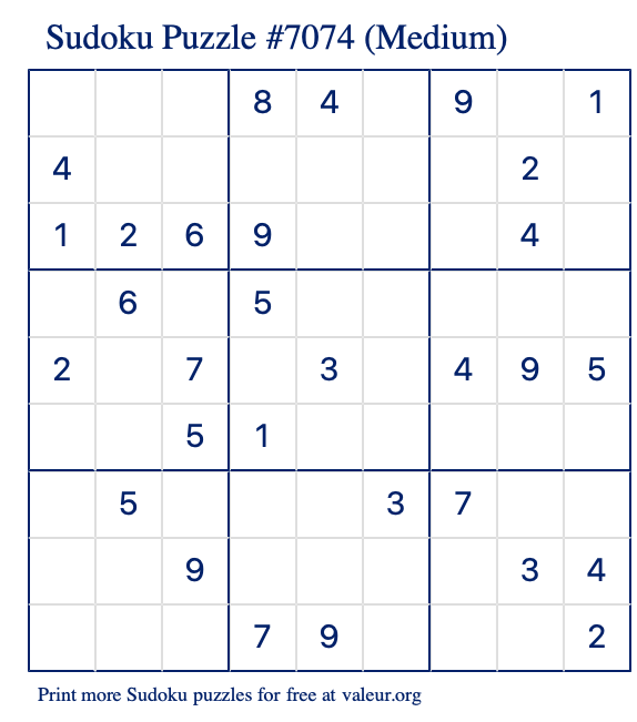 Free Printable Medium Sudoku Puzzle number 7074