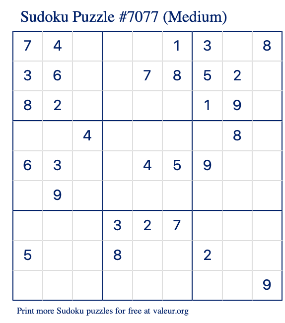 Free Printable Medium Sudoku Puzzle number 7077