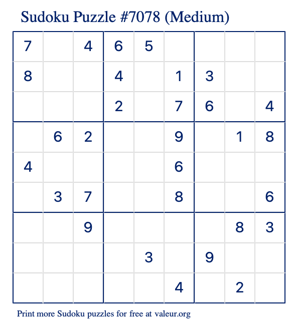 Free Printable Medium Sudoku Puzzle number 7078