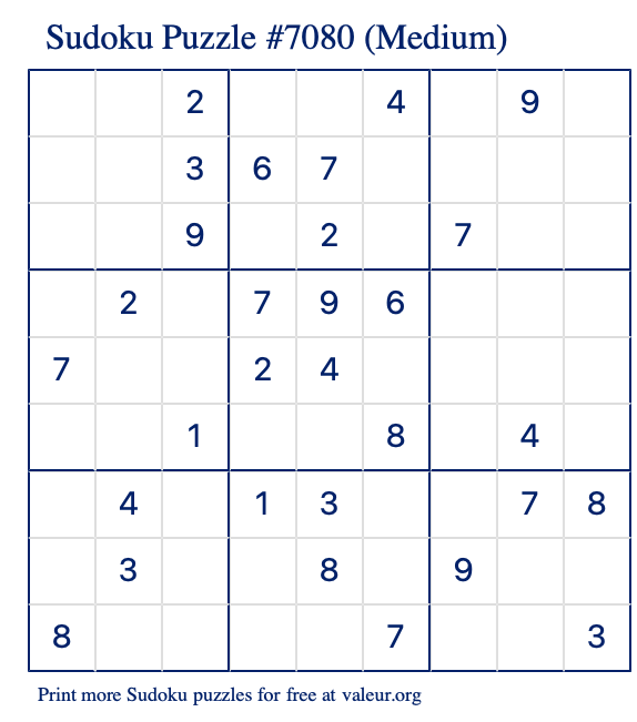 Free Printable Medium Sudoku Puzzle number 7080