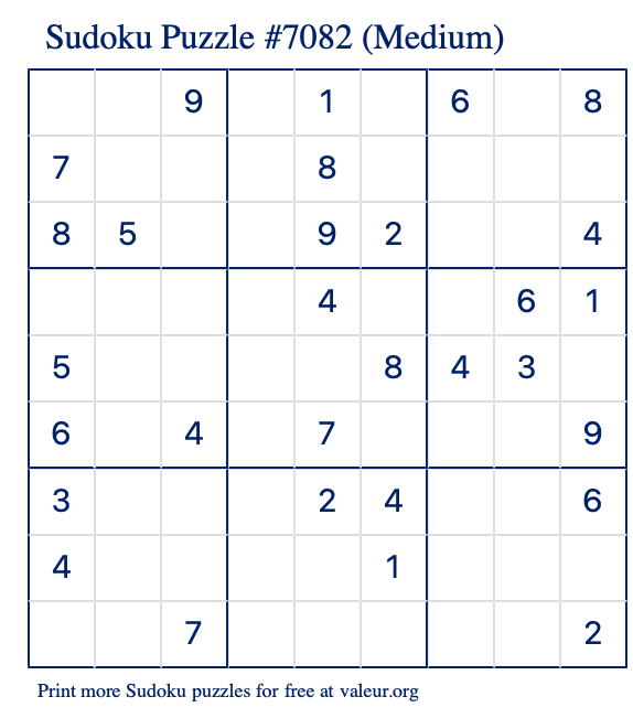 Free Printable Medium Sudoku Puzzle number 7082