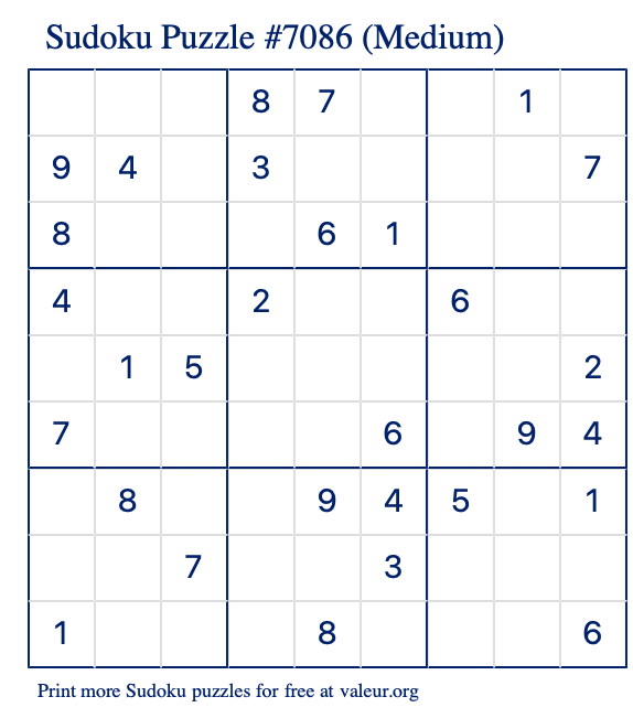 Free Printable Medium Sudoku Puzzle number 7086