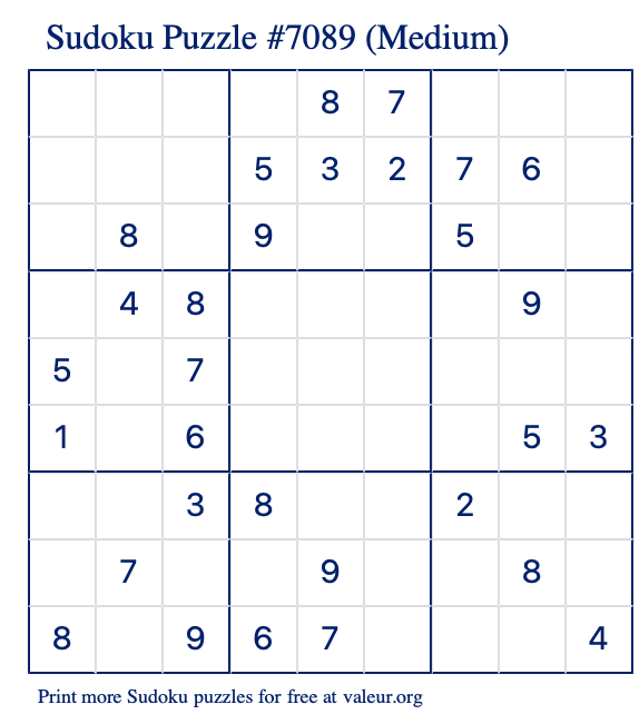 Free Printable Medium Sudoku Puzzle number 7089