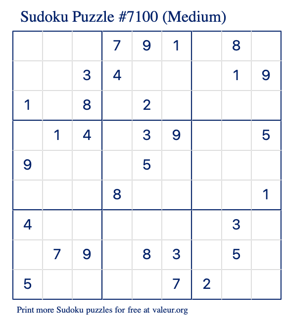 Free Printable Medium Sudoku Puzzle number 7100