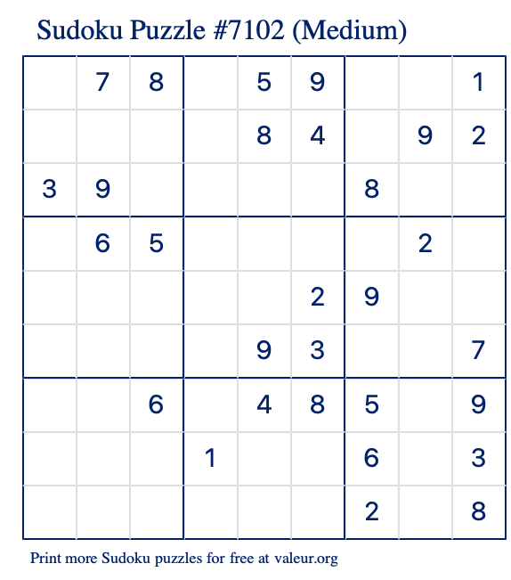 Free Printable Medium Sudoku Puzzle number 7102