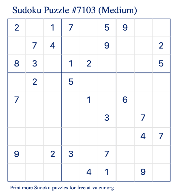Free Printable Medium Sudoku Puzzle number 7103