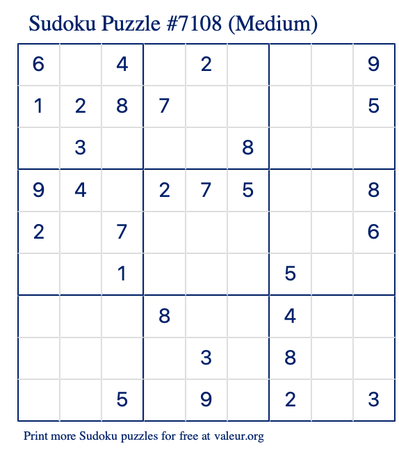 Free Printable Medium Sudoku Puzzle number 7108