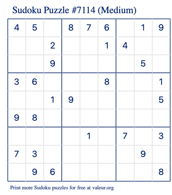 Free Printable Medium Sudoku Puzzle number 7114