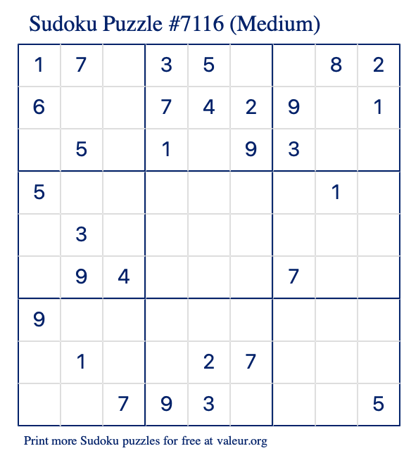Free Printable Medium Sudoku Puzzle number 7116