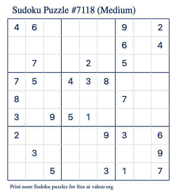 Free Printable Medium Sudoku Puzzle number 7118