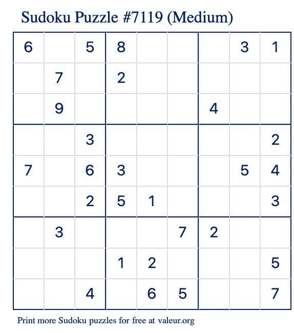 Free Printable Medium Sudoku Puzzle number 7119