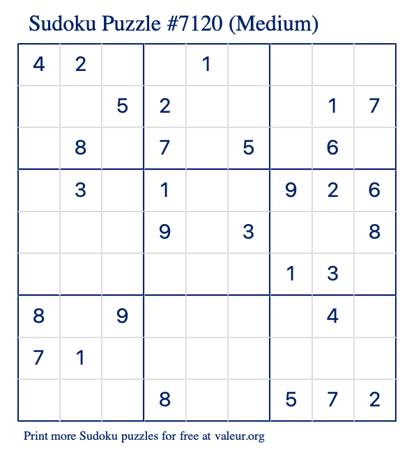 Free Printable Medium Sudoku Puzzle number 7120