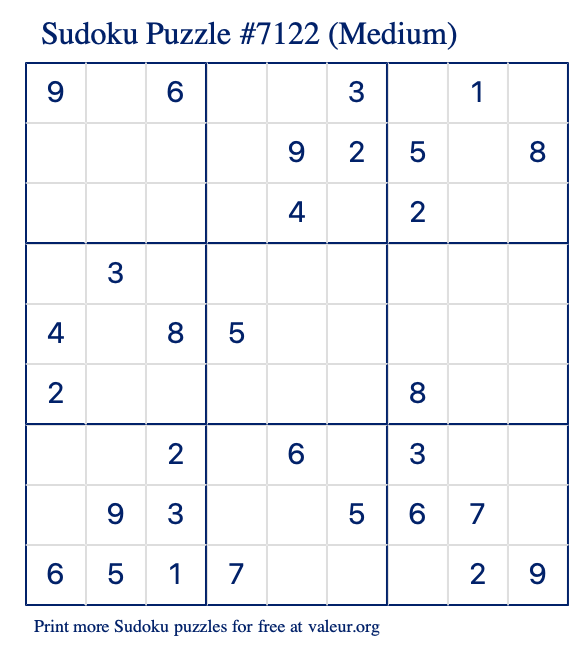 Free Printable Medium Sudoku Puzzle number 7122