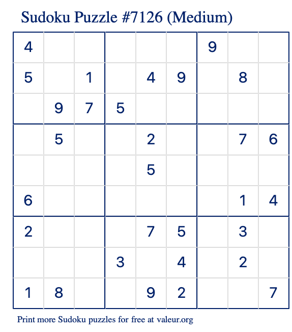 Free Printable Medium Sudoku Puzzle number 7126