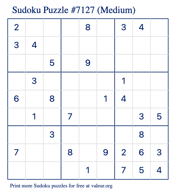Free Printable Medium Sudoku Puzzle number 7127