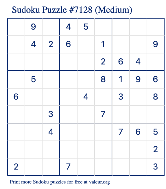 Free Printable Medium Sudoku Puzzle number 7128