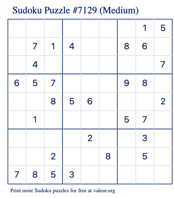 Free Printable Medium Sudoku Puzzle number 7129