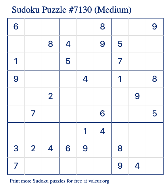 Free Printable Medium Sudoku Puzzle number 7130