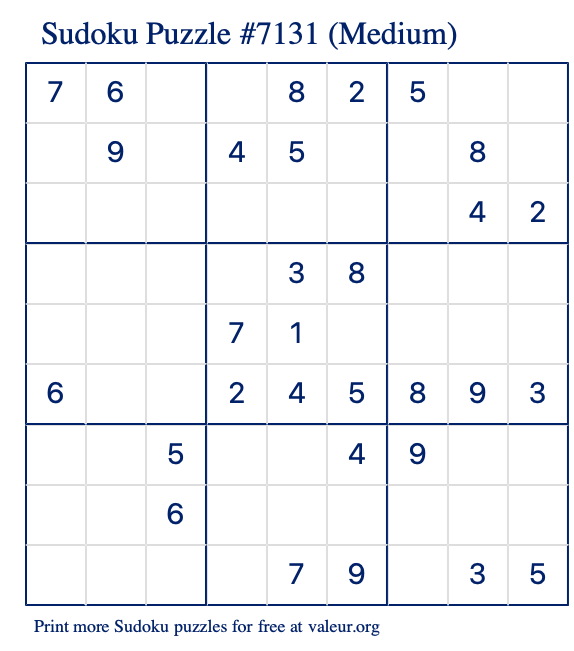 Free Printable Medium Sudoku Puzzle number 7131