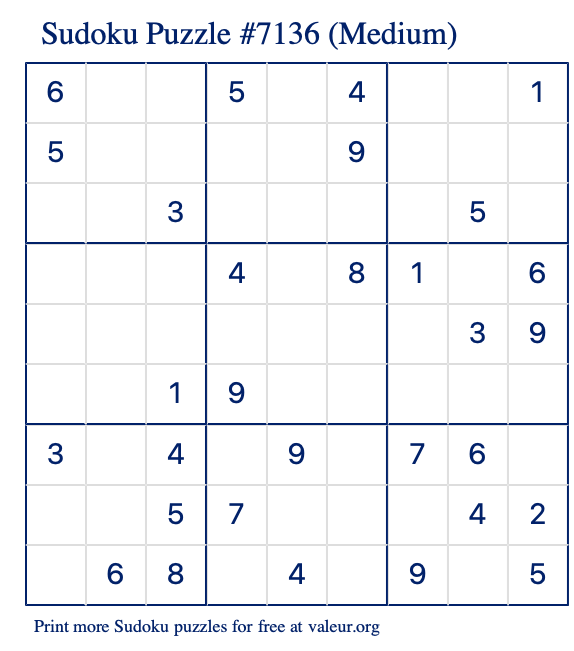 Free Printable Medium Sudoku Puzzle number 7136