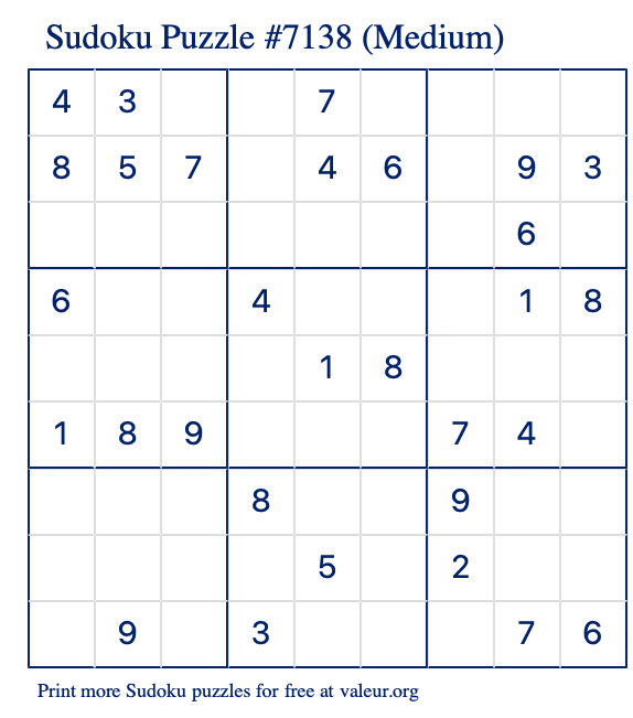 Free Printable Medium Sudoku Puzzle number 7138