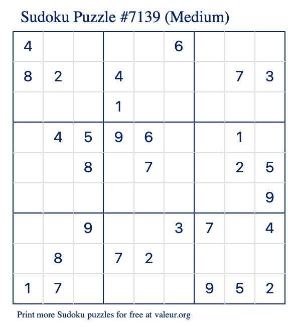 Free Printable Medium Sudoku Puzzle number 7139