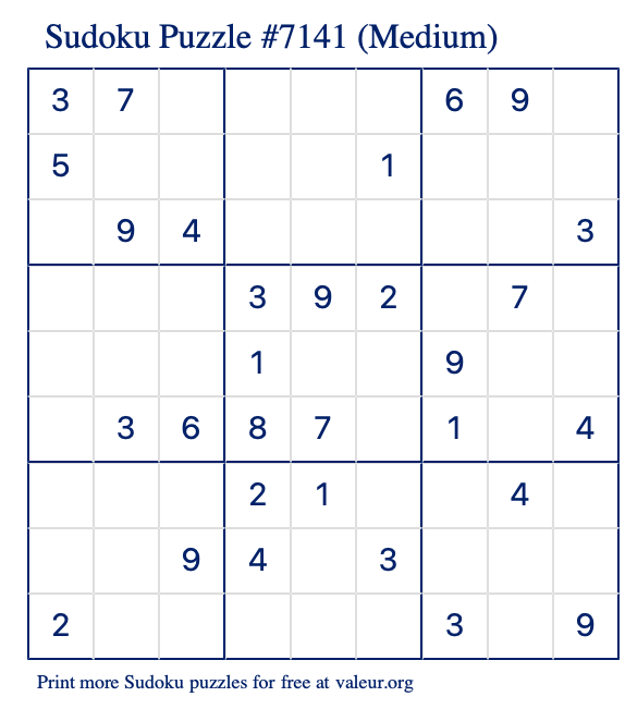 Free Printable Medium Sudoku Puzzle number 7141
