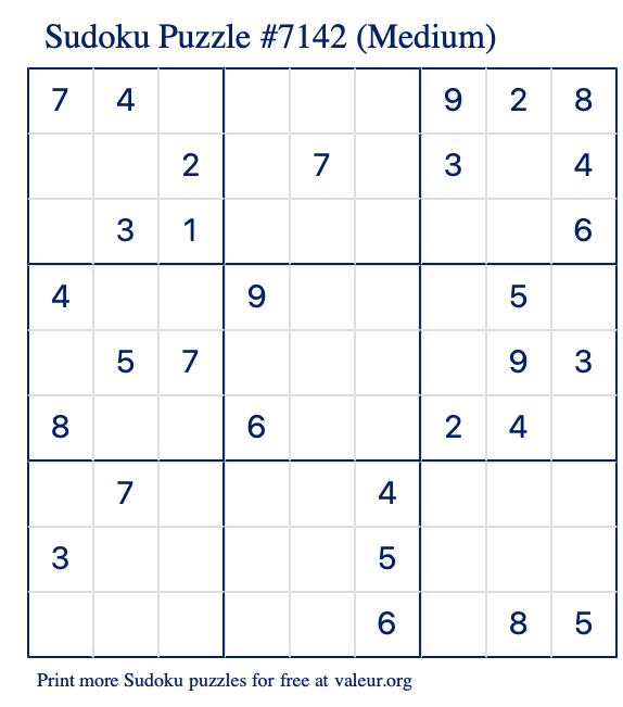 Free Printable Medium Sudoku Puzzle number 7142