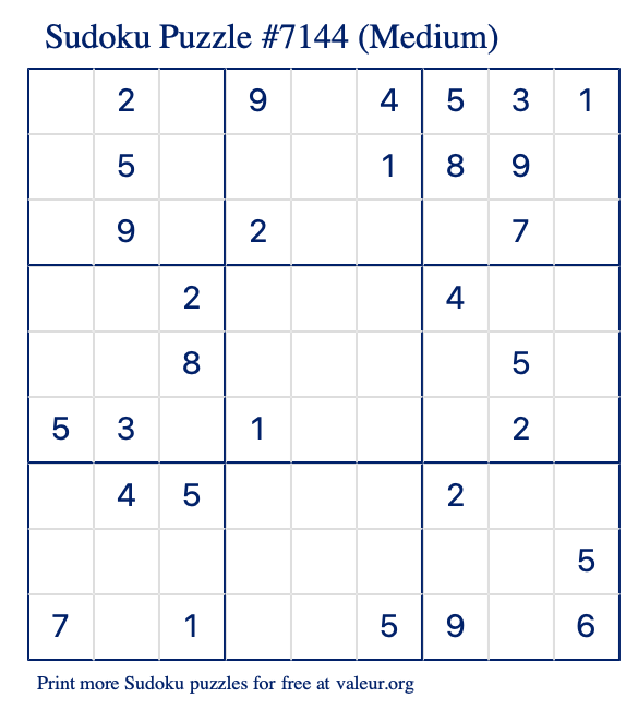 Free Printable Medium Sudoku Puzzle number 7144